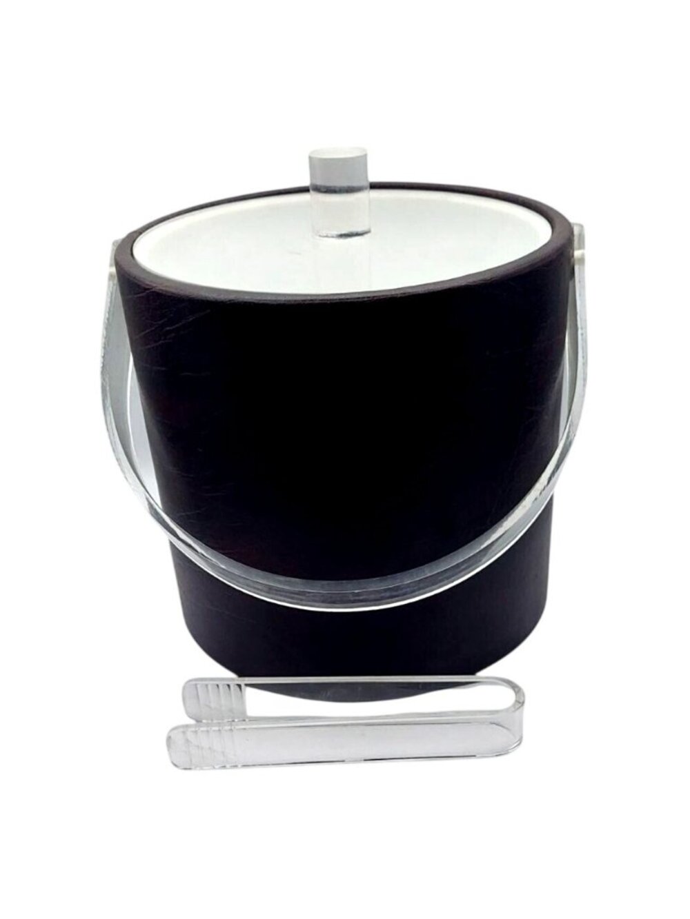 Vinyl Ice Bucket Set Dark Brown W/ Acrylic Lid Handle Tongs Art Deco Barware Vtg